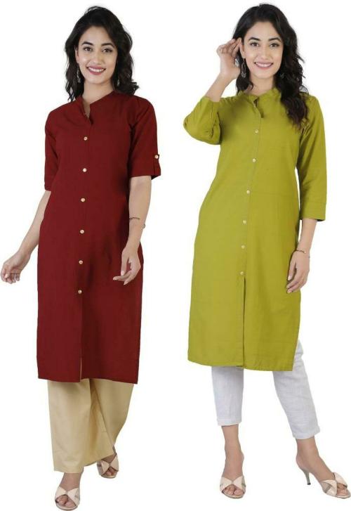 M Lala Fashion Women Maroon and Green Solid Pure Cotton Frontslit Kurta - L (Pack of 2)