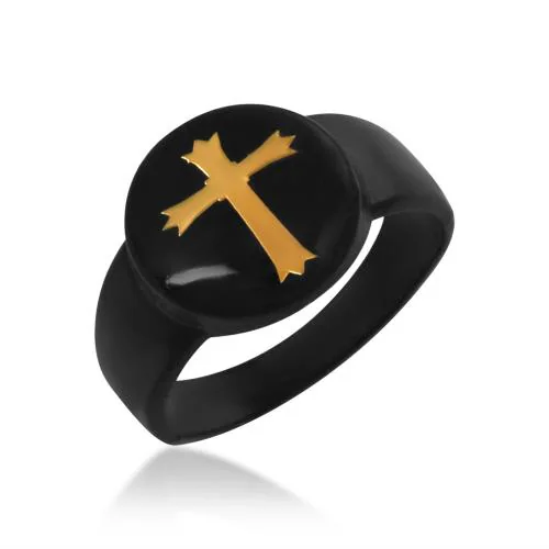Memoir Brass Black Gold engraved Laminated Round shape Crucifix Cross Christian finger ring Men Women