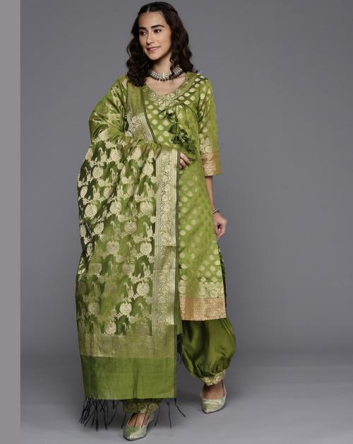 Chhabra 555 Made to Measure Green Banarasi Weaving Patiala Salwar Kurta Set & Handloom Dupatta