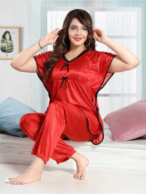 Color Magic (NS2014) Satin Kaftan Night Suit - Plain Top Pyjama Set - Red - Size L