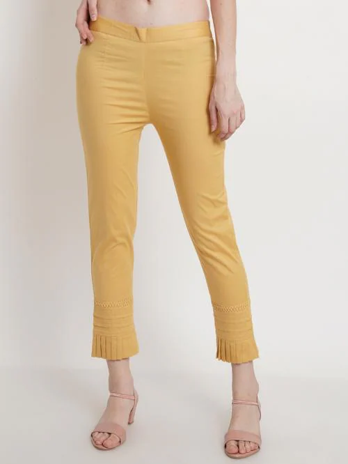 Popwings Golden Bottom Lace Cotton Women Trouser ! Skin Color Stretchable Solid Designer Laces Trouser for Women