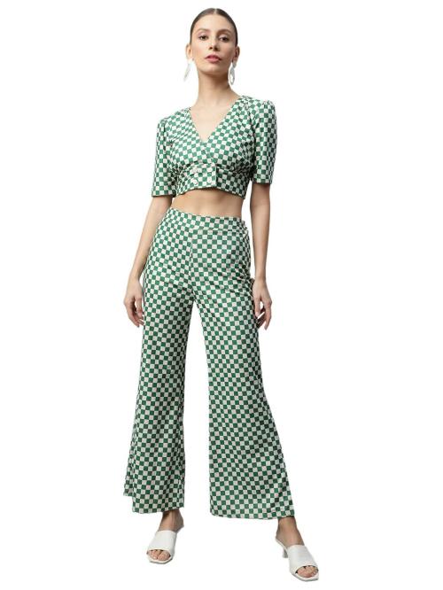 Global Republic Women Green, Off-White Checkered Crop Top And Flared Pants Coord Set (Xl)