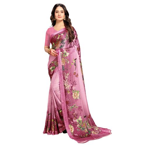 Rekha Maniyar Women Satin Crape Pink Color Digital Floral& Graphic Printed Saree