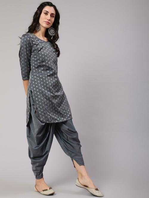 Aks Grey Woven Design Kurta With Dhoti Pant Set
