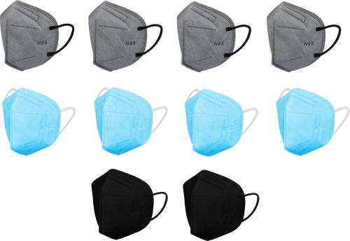 Nea Blue, Grey And Black Water Resistant, Reusable And Washable Breathable Anti Pollution And Anti Virus N95 Face Mask With Nose Pin - Pack of 10