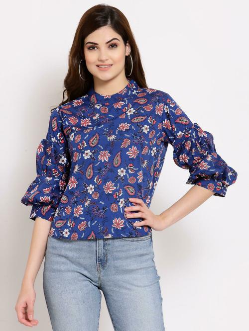 Style Quotient Blue surf the web Floral Mandarin Collar Crepe Shirt Style Top
