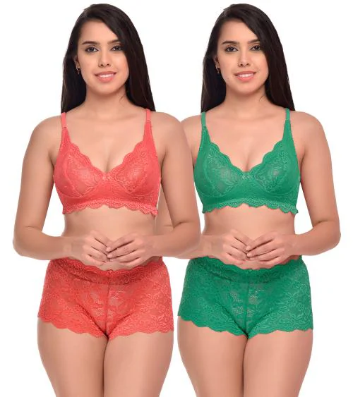 Beach Curve Women Net Bra Panty Set for Lingerie Set ( Pack of 2 ) ( Color : Red,Green )
