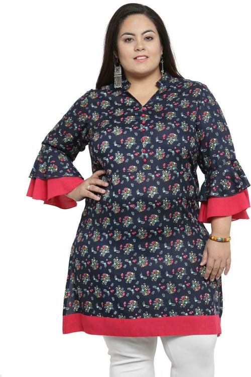 Pluss Women Dark Blue Printed Polyester Casual Regular Sleeve Top