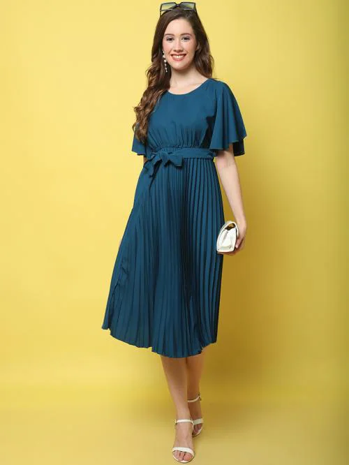 Fabflee Butterfly Sleeve Pleated Dress Round Neck For Women| Dresses| Women Dress| Pleated Dress| One Piece| Women's Pleated Dress| Dresses| Women Dress| Pleated Dress| One Piece| Women's Pleated Dress