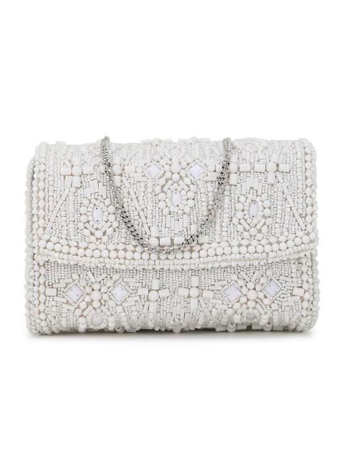 Anekaant Coffer White & Silver Ethnic Motifs Embellished Faux Silk Clutch