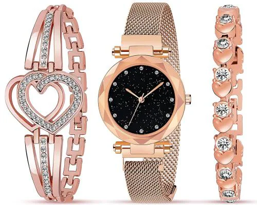 Acnos Analog Black Dial Rose Gold Strap Magnet Watch With Gift Bracelet For Women And Girl Pack Of 3