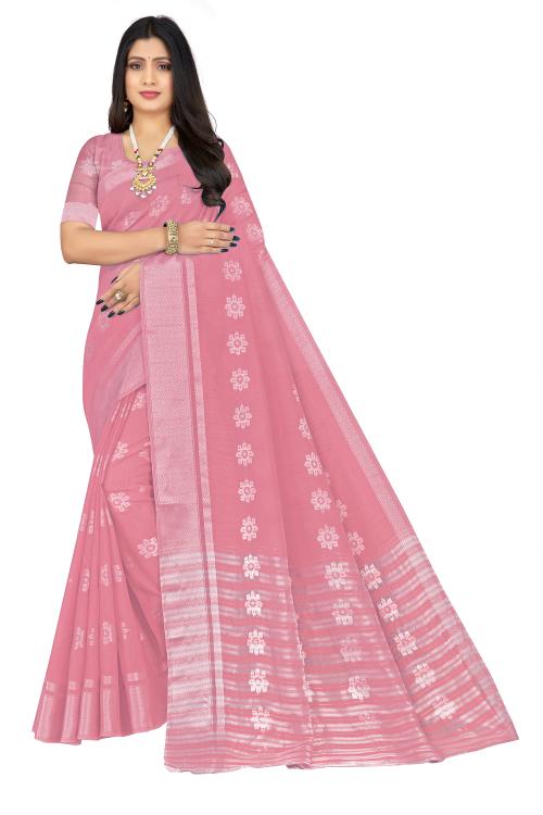 SHREE SHAKTI FASHION Women's Elegant Temple Border, Woven Banarasi Cotton Silk Saree  (Pink)