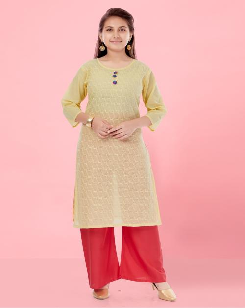 Aarika Girls Lemon-Gajri Colour Cotton Embroidery Kurti Palazzo Set