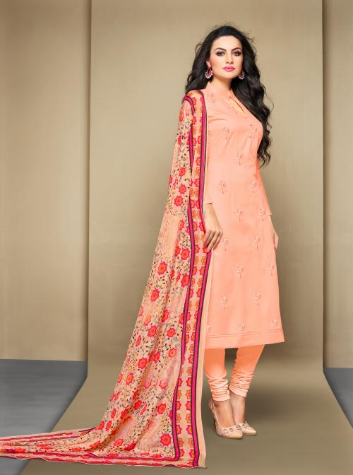 Peach Cambric Cotton Embroidered Women's Salwar Suit With Digital Printed Dupatta