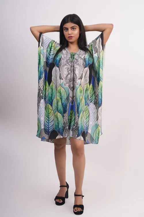 RAVI RAJORIA Georgette Digital Printed Beach Wear Designer Kaftan Multicolored Free Size for Women AZXA-1-ONE SIZE