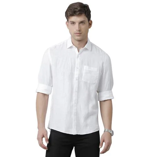Linen Club Men's Pure Linen White Solid Regular Fit Full Sleeve Casual Shirt