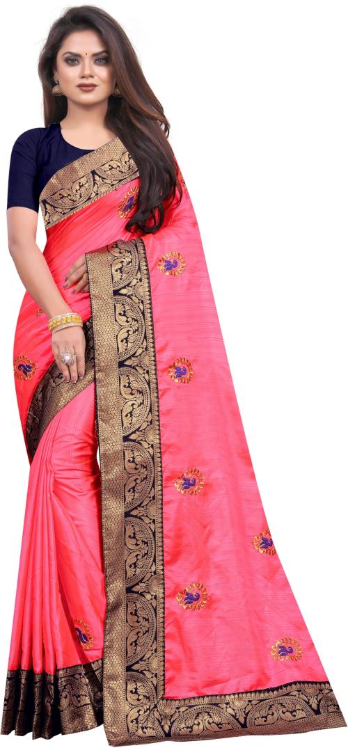 Jinal & Jinal Women Pink Embroidered Silk Bollywood Saree (Silk Saree With Gold Zari Embroidery Work With Jacquard Border For Party Or Festive Wear - Mitali-Light-Pink)