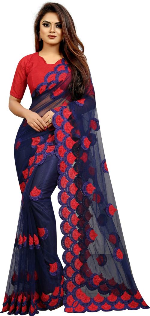 Yara Creation Women Blue Embroidered Net Bollywood Cut Work Saree