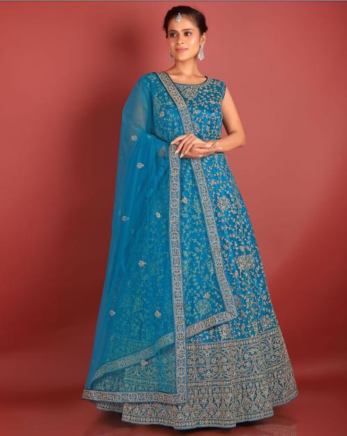 HALFSAREE STUDIO Blue New Fancy Net Gown for Women