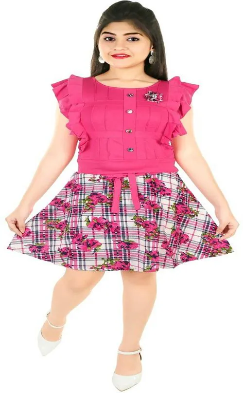 MEOMEO Girls Midi/Knee Length Party Dress (Pink, Sleeveless)