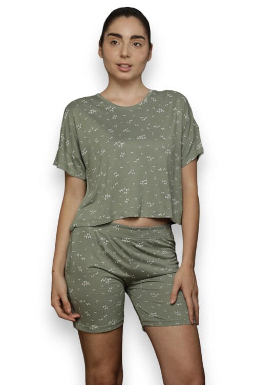 Evian Women Pure Cotton, Inner Elastic Night Dress Printed Shorts And Top Set Green