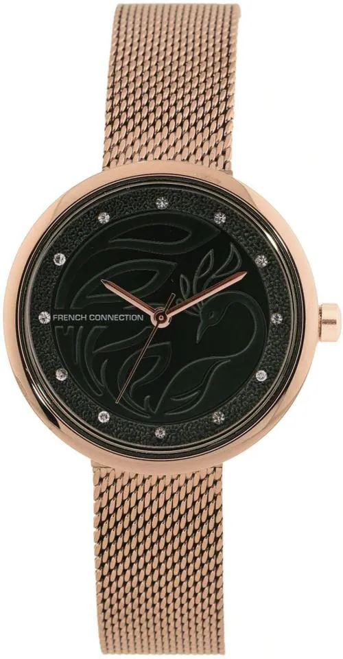French Connection Analog Green Dial Rose Gold Strap Watch For Women