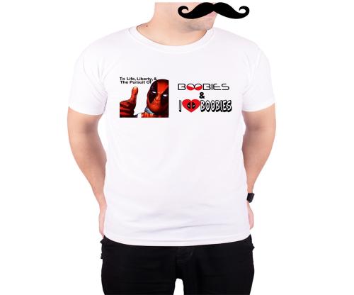 Mooch Wale Deadpool I Love Boobies White Quick-Dri T-shirt For Men - White, M