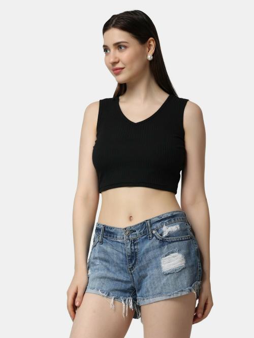 Popwings Women Casual Black Solid Self Design Rib Crop Top | Tops for Women | Tops For Women Stylish | Tops Latest Design For Women