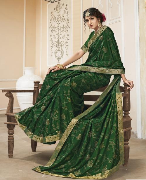 Bhakti Nandan Hot Fix Machine Diamond Work Dola Silk Kalamkari saree for Women (Green)