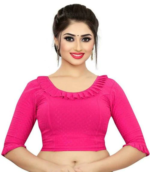 PU Fashion Women Pink Solid Cotton Lycra Blend Blouse