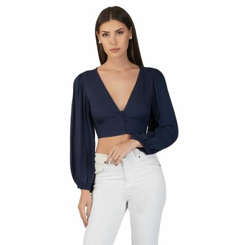 CHERI Womens Volume Sleeves Party V Neck Cropped Blouse With Balloon Sleeves Blue