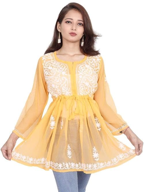 Indicraft Women Yellow Chikan Embroidery Georgette Short Kurti Top - XXL