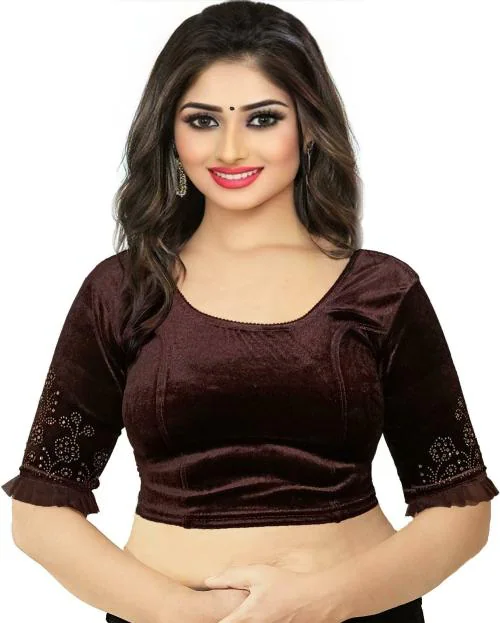 PU Fashion Women Brown Embellished Velvet Blouse