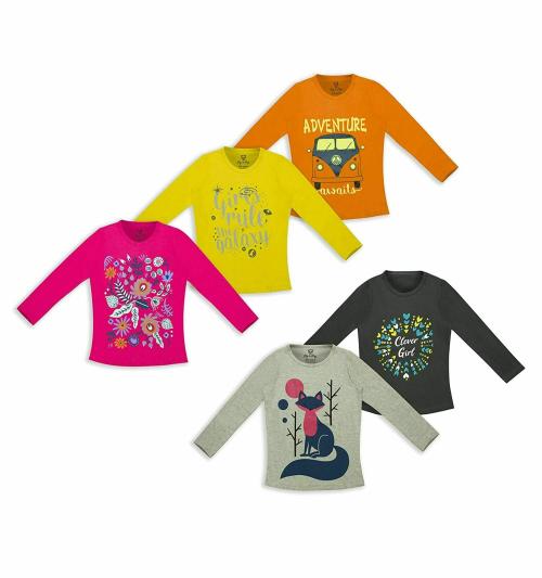 PIP N PAP Girls Multicolor Cotton T-Shirt (Pack of 5)
