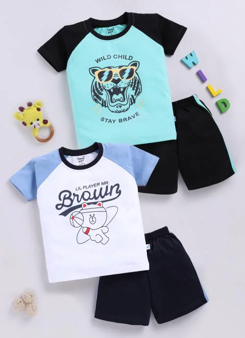 Toonyport Boys Pack Of 2 Cotton Printed Round Neck Half Sleeves Shirts with Shorts Sets