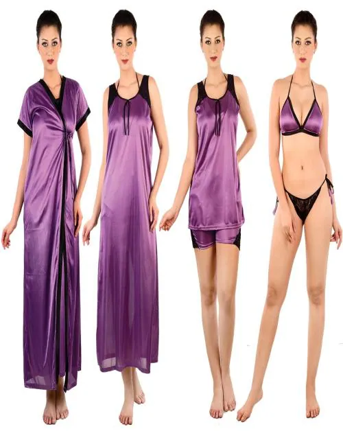 Women's Night Dress and Nighties Purple Satin Nightwear 6pc Robe & Nighty Set