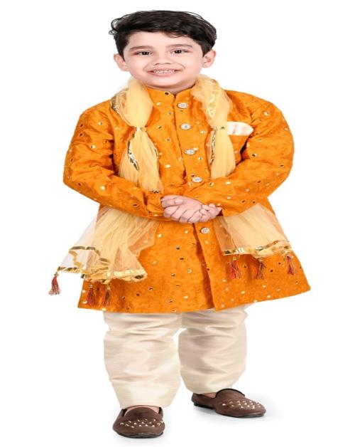Buy NEW GEN Boys Mustard Self Design Art Silk Single Kurta Pyjama with ...