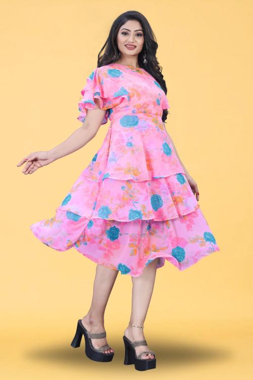 RUDRA FASHION MART Women Pink Floral Print Georgette Fit And Flare Dress (S)