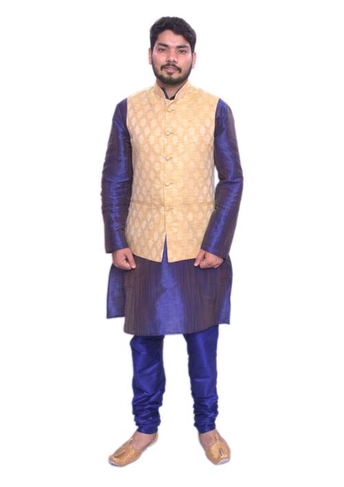 HFP Men's Blue Double Tone Kurta Royal Blue Churidar New Gold 1st Waistcoat