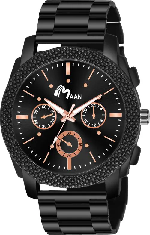 Maan International Analog Wrist Watch Black Dial Black Strap for Men - (986-Bro-Metal)