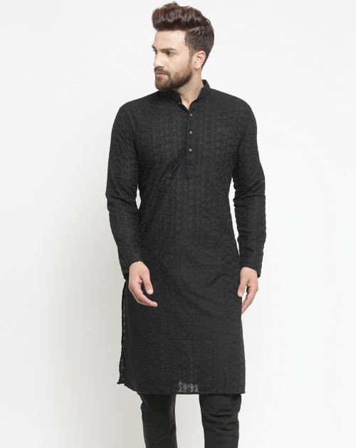 TREEMODA Black Chikankari Lucknowi Jaal Embroidered Kurta For Men