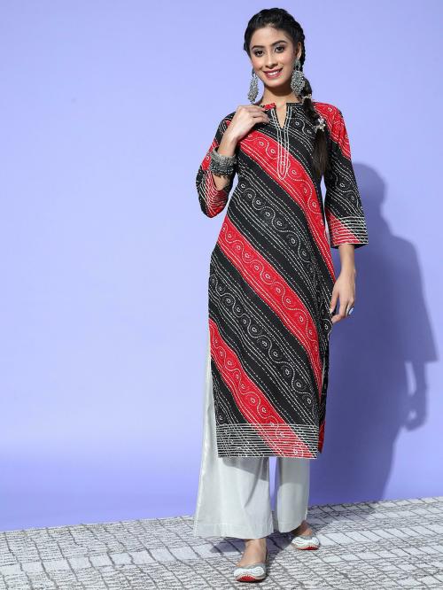 KSUT (House of Varanga) Black and Red bandhej gota work straight kurta.