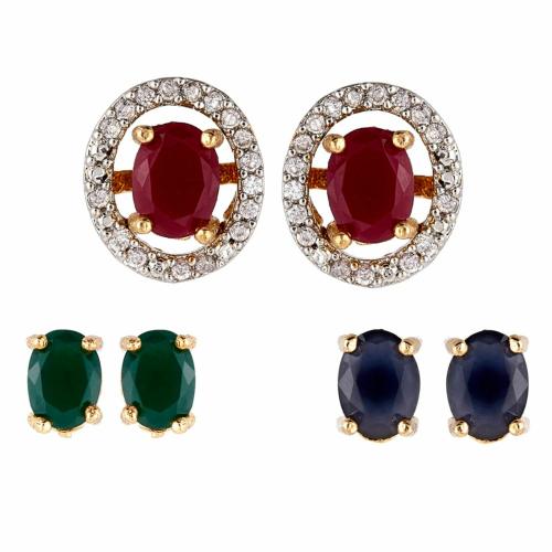 Zeneme Earring Gold Plated American Diamond Multi-Color 3 In 1 Interchangeable Oval Shaped Earring Jewellery For Girls And Women