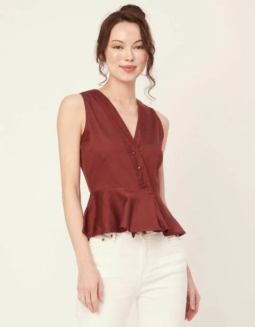 Moomaya Women's Solid Peplum Top, V Neck Sleeveless Cotton Slub Formal Top Blouse