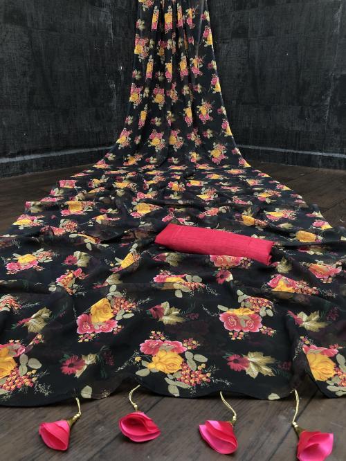 TOXEGO Women Black Cotton Blend Fashion Saree