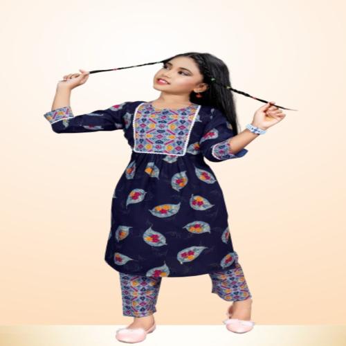 KESWI FAB Reyon Printed Nayara Cut Kurti With Pant Set For Kids Girls