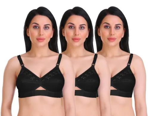 Featherline Women Black Embroidered Pure Cotton Pack of 3 Minimizer Bra ( 44E ) |Embroidered |Full Coverage |Non Padded |Pure Cotton |Everyday |Black |Minimizer Bra |B, C, D, E Cup