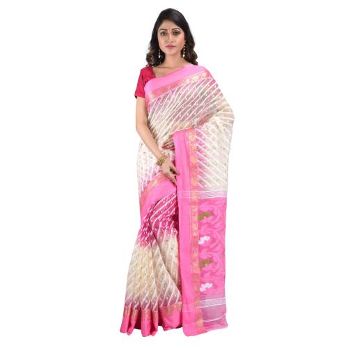 Aishani Collection Women Pink, White Cotton, Silk Dhakai Jamdani Saree