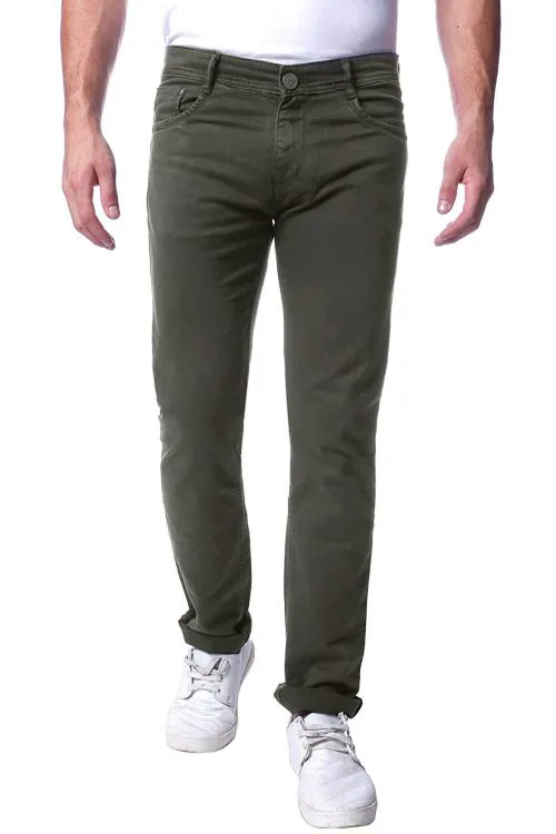 FLAGS Mens Olive Solid Cotton Slim Fit Stretch Jeans