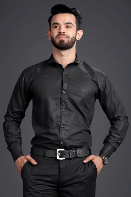 GETCHI Black Lusture Venture Plain Shiny Solid Full Sleeves Regular Fit Formal Shirts